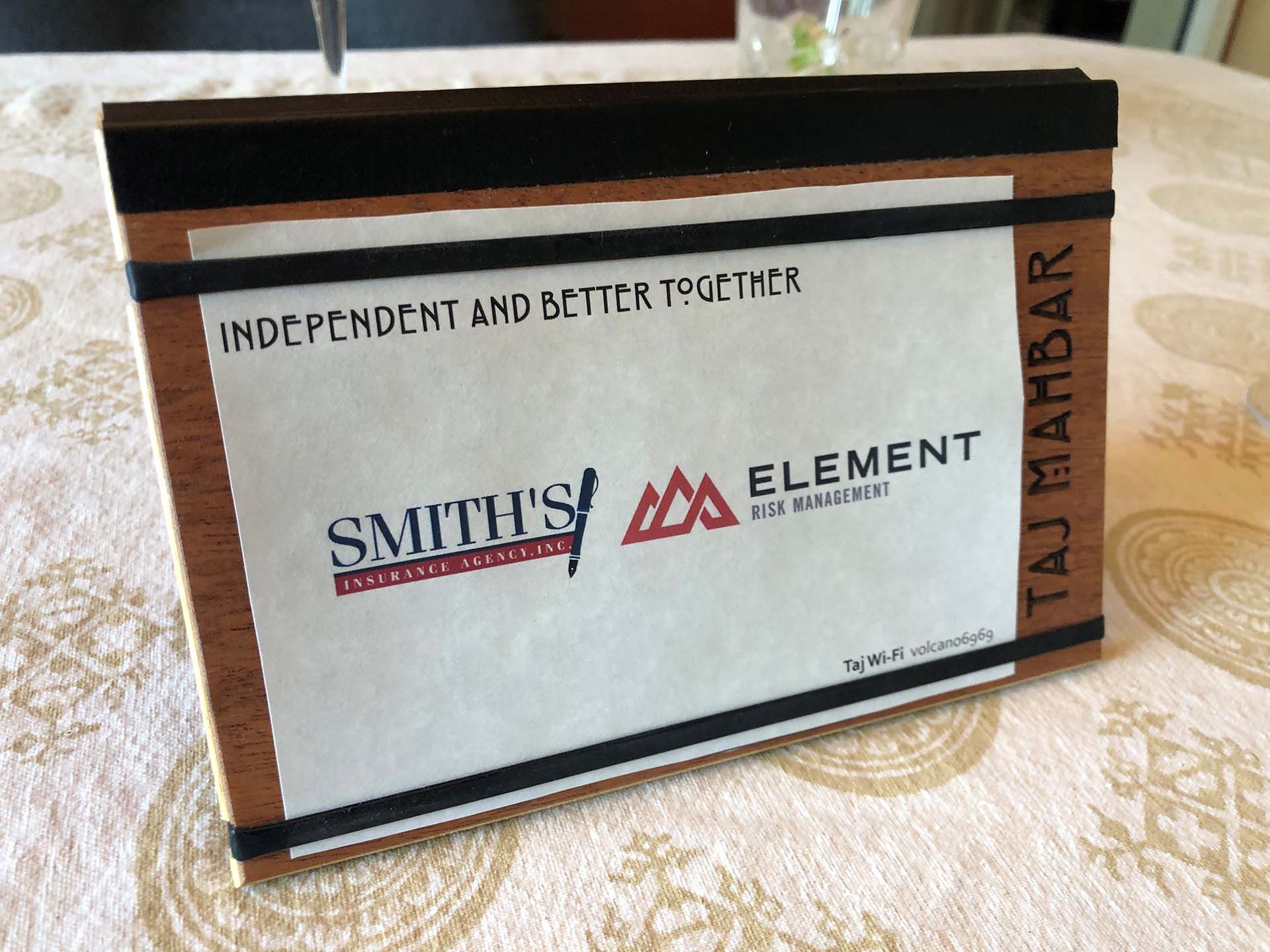 Blog - View of Plaque on Table with Smiths Insurance Agency and Element Risk Management Logo